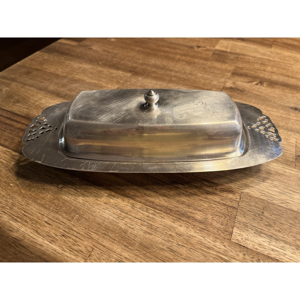 Vintage Silver Plated Covered Butter Dish Scalloped Edges
